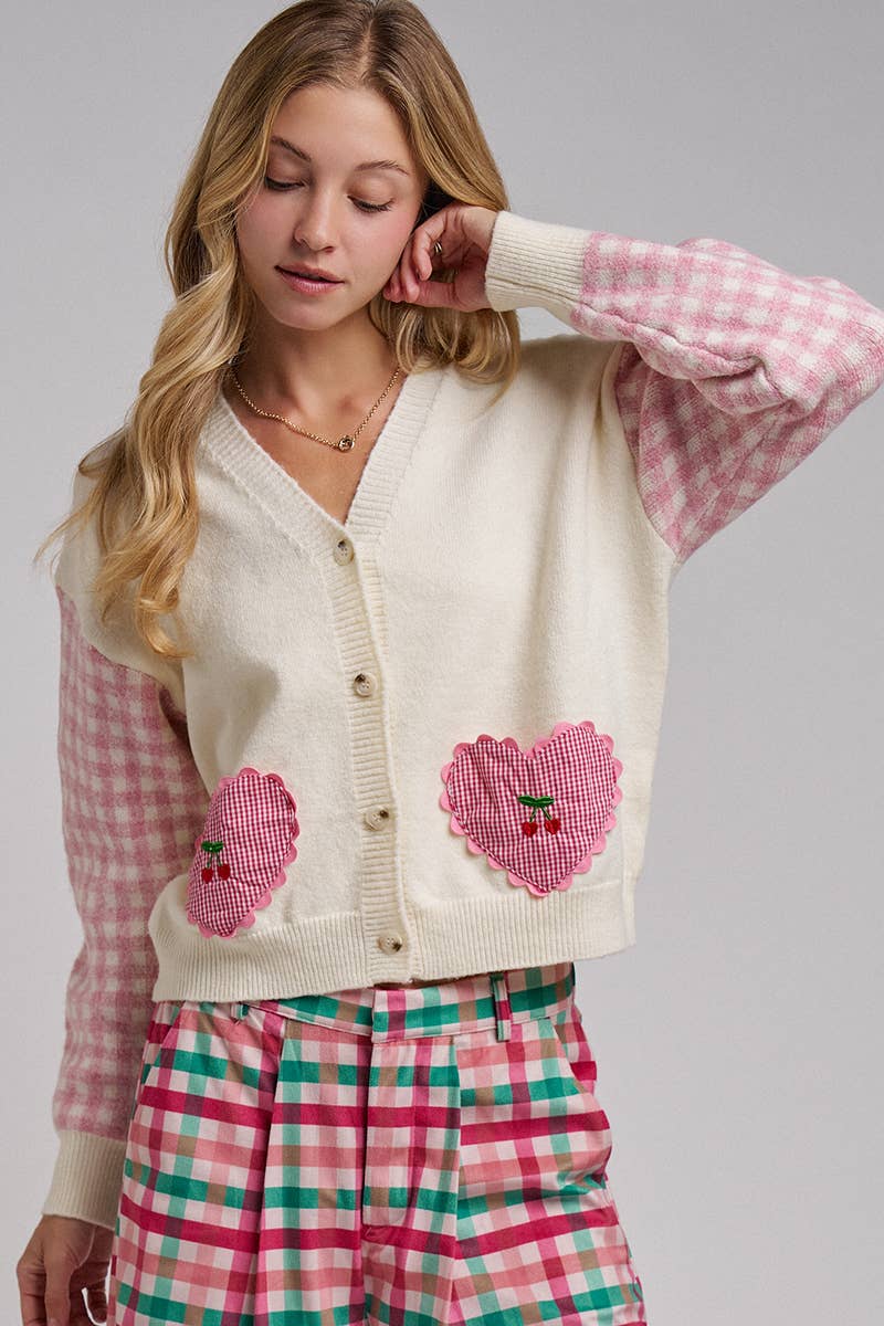 BON - VALENTINE CHECK SLEEVE HEART POCKETS CARDIGAN
