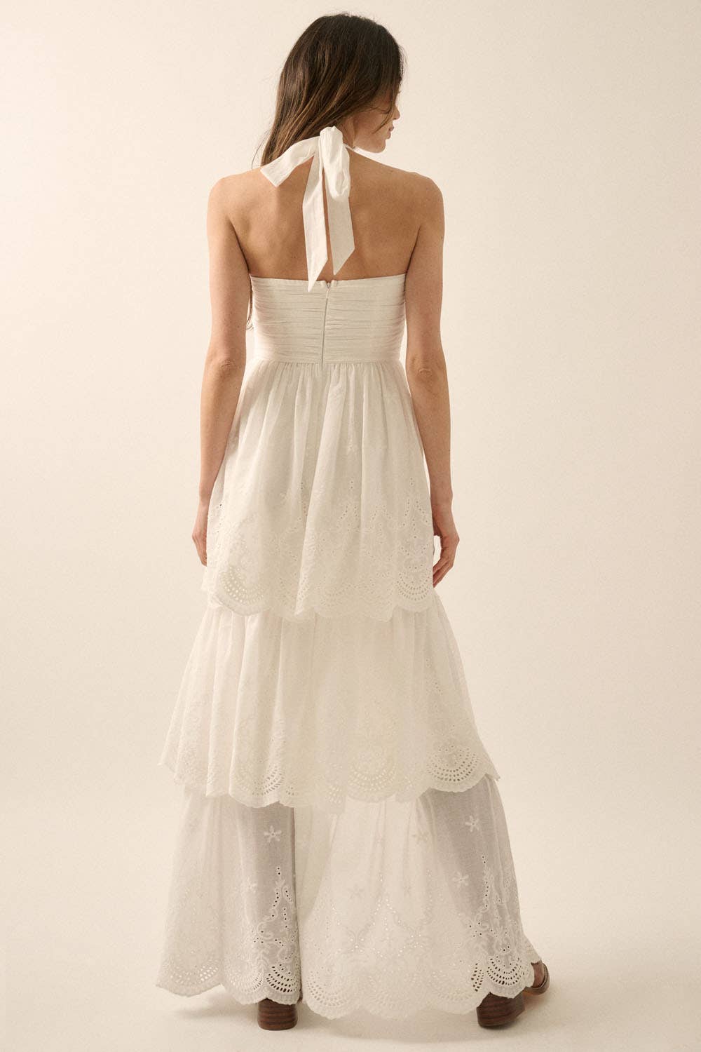 Eyelet Lace Halter High-Low Tiered Maxi Dress: Off White