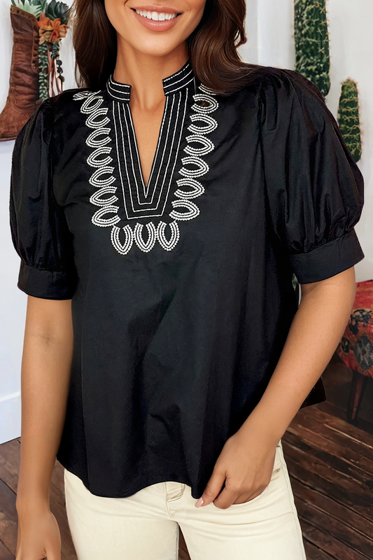 Western Puff Sleeve Contrast Embroidered Detail Blouse