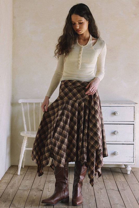 Asymmetrical Plaid Maxi Skirt