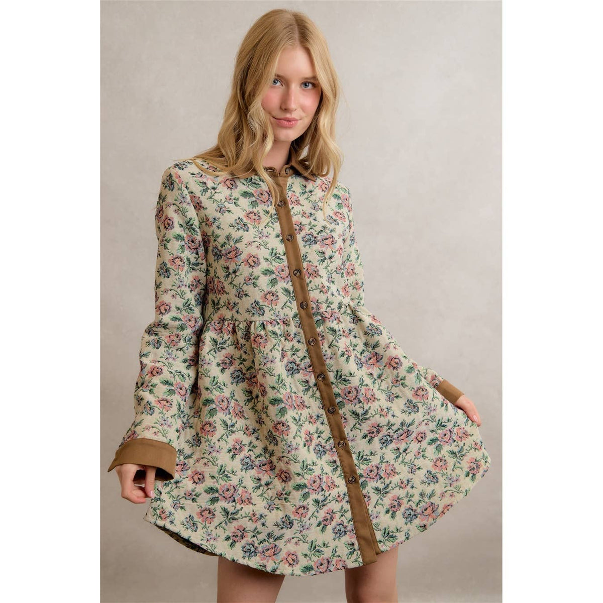 COTTON BLEND JACQUARED SHIRT MINI DRESS