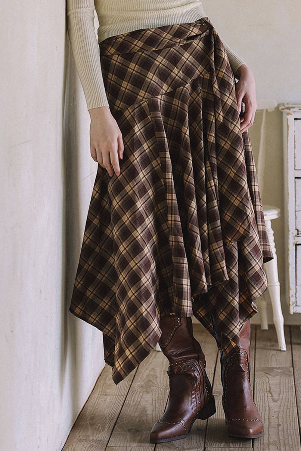 Asymmetrical Plaid Maxi Skirt