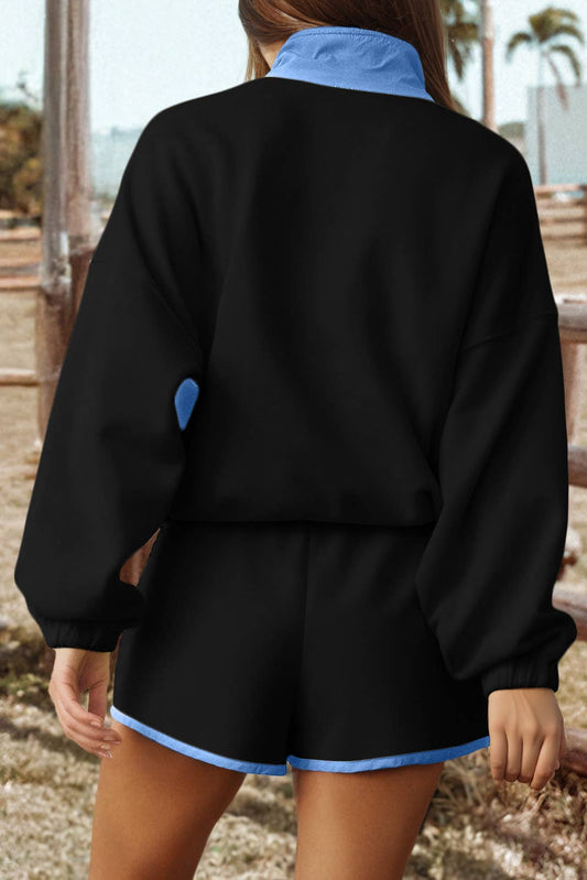 Color Block Patched Half Button Top and Shorts 2pcs Outfit: Black / Missy / S