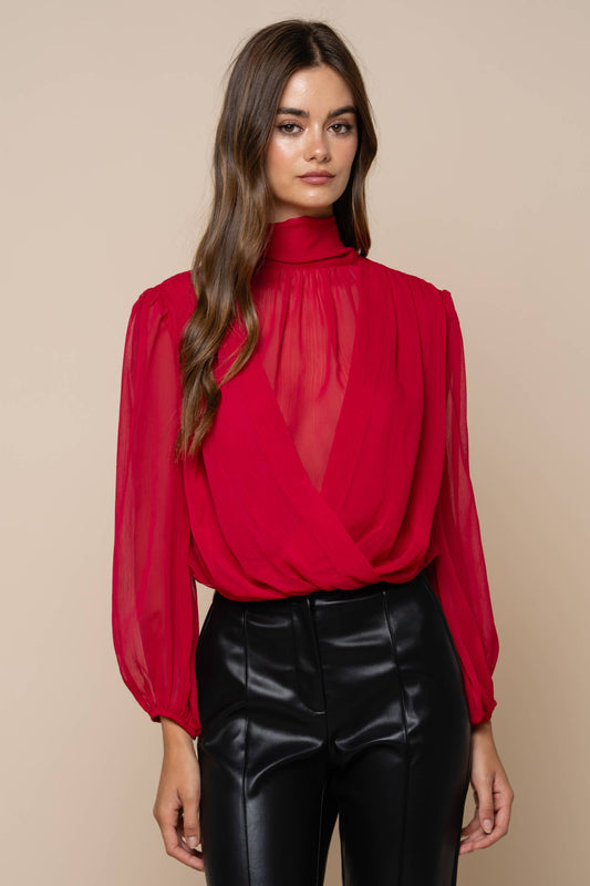 Lalavon Mock Neck Draped Balloon Blouse
