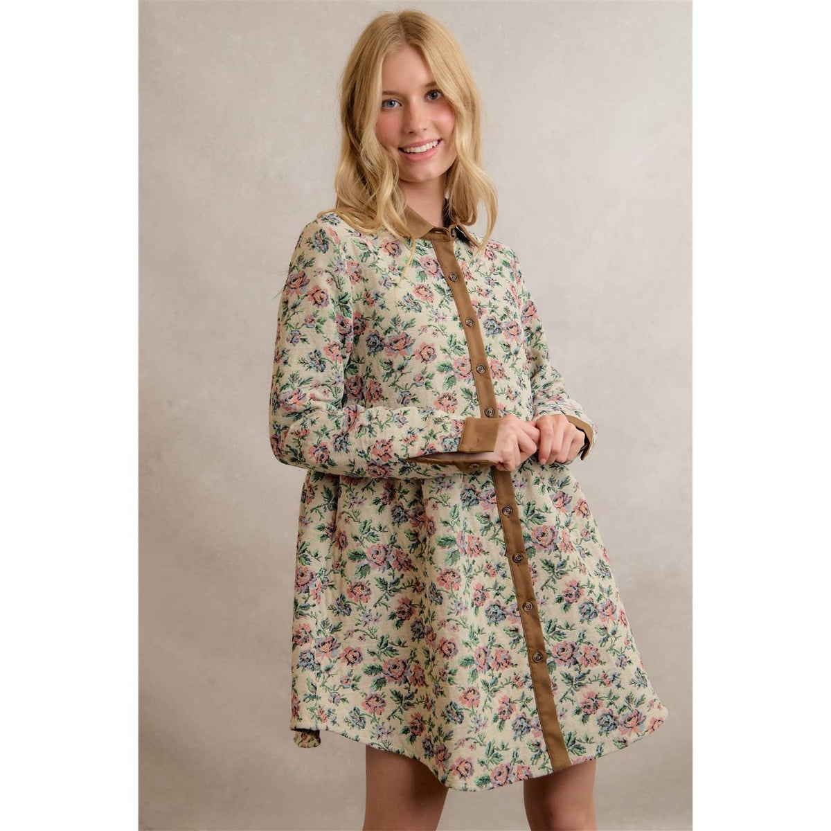 COTTON BLEND JACQUARED SHIRT MINI DRESS