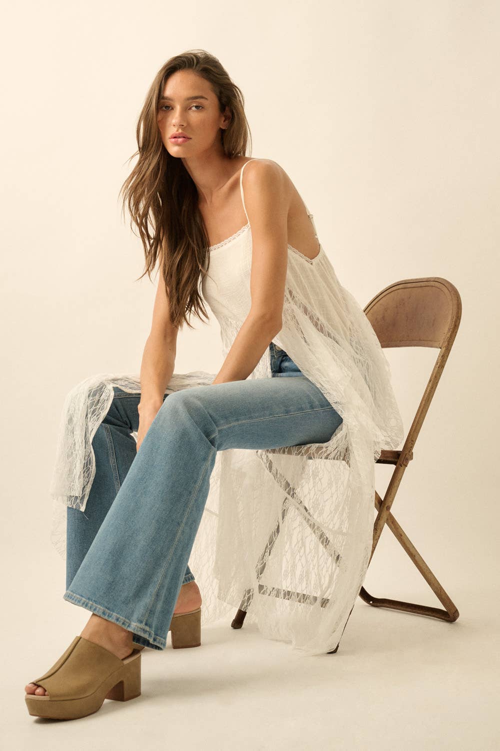 Ruffled Lace Flyaway Maxi Cami Top: Cream / S