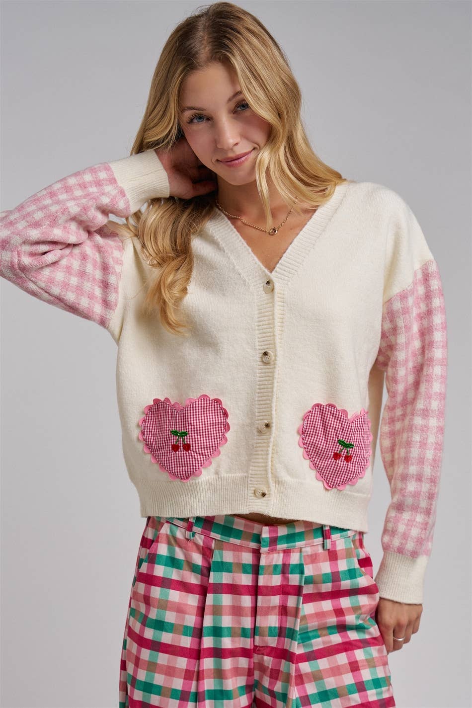 BON - VALENTINE CHECK SLEEVE HEART POCKETS CARDIGAN