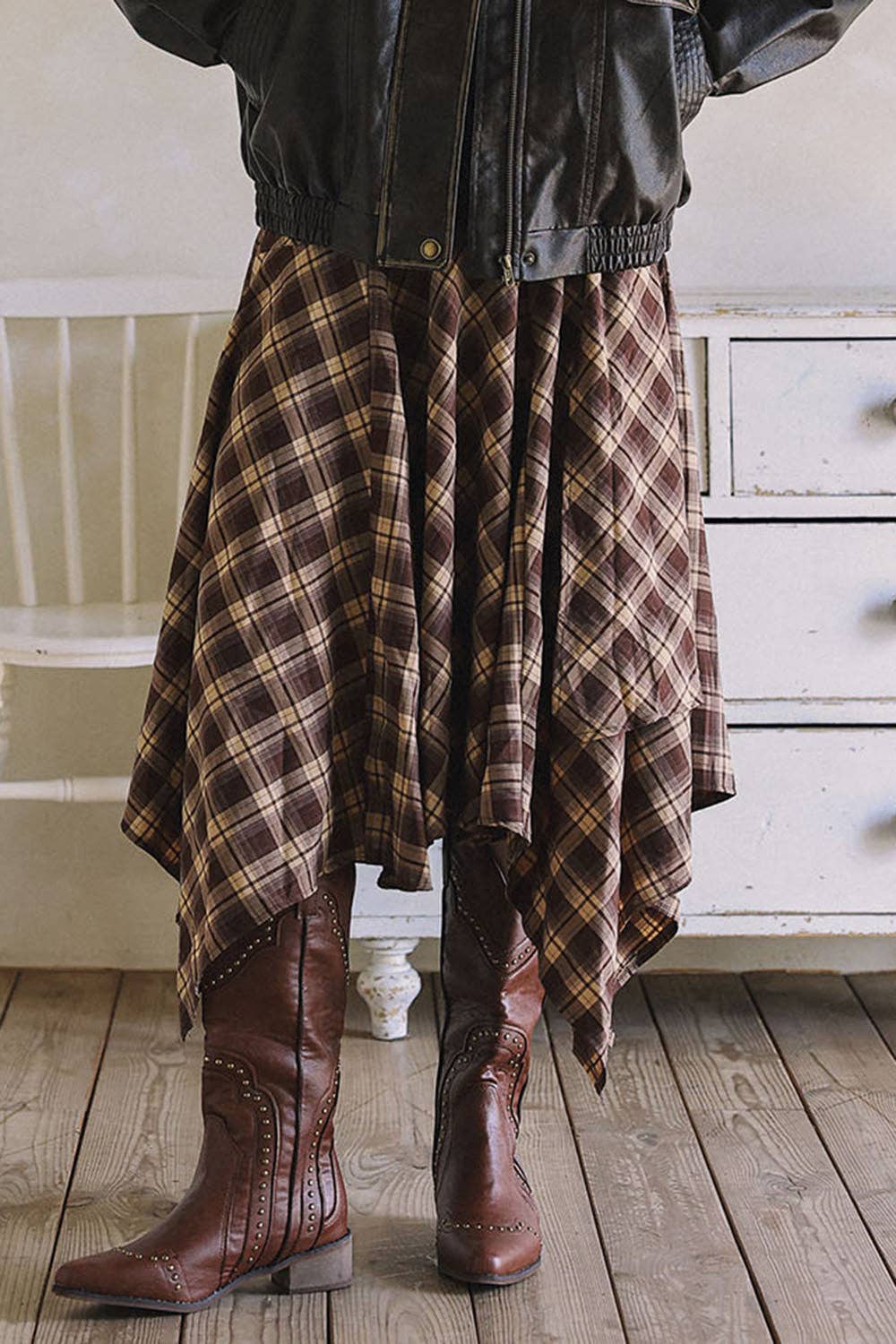 Asymmetrical Plaid Maxi Skirt