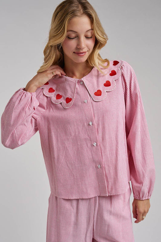 Pin Stripe Heart Scallop Collar Blouse