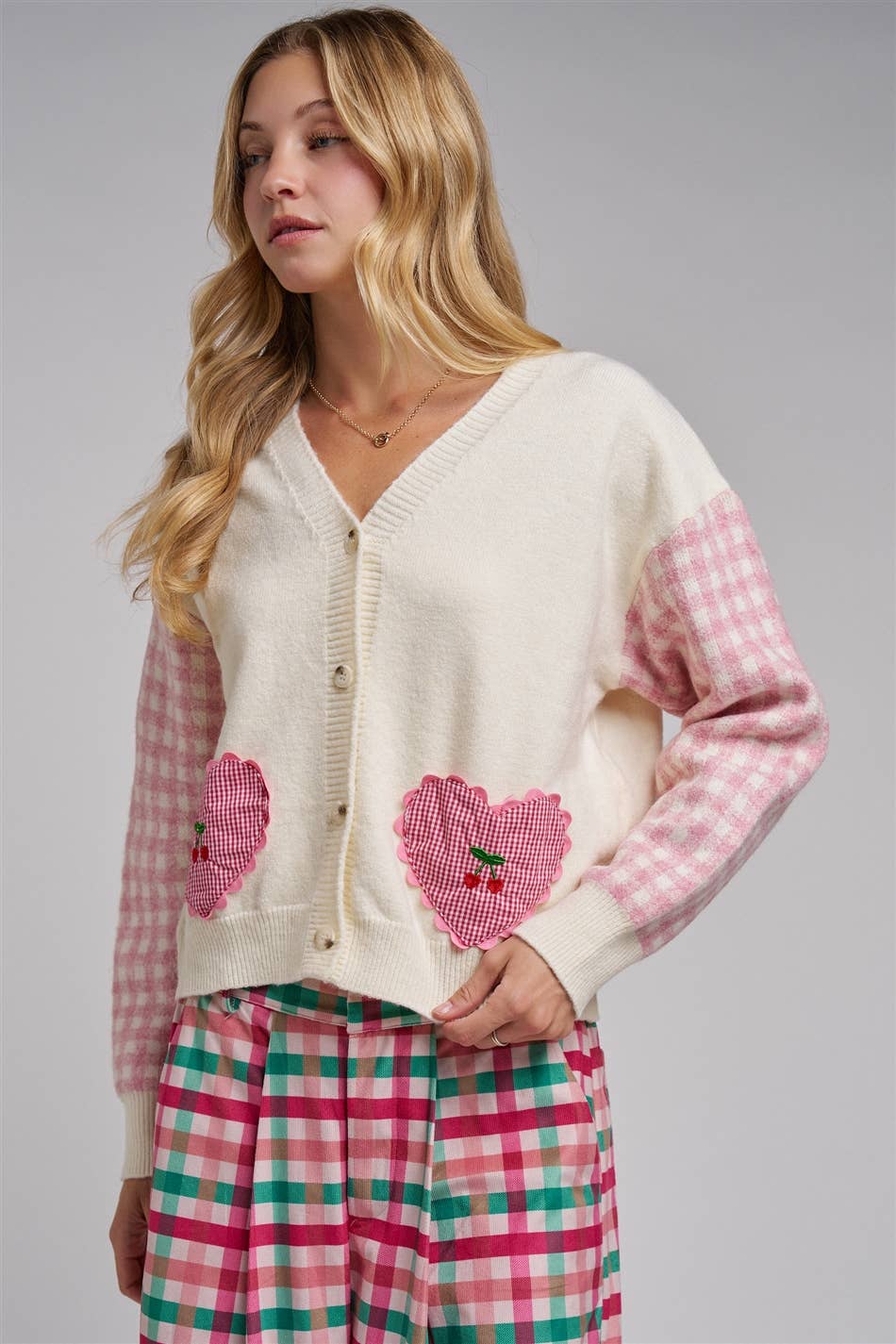 BON - VALENTINE CHECK SLEEVE HEART POCKETS CARDIGAN