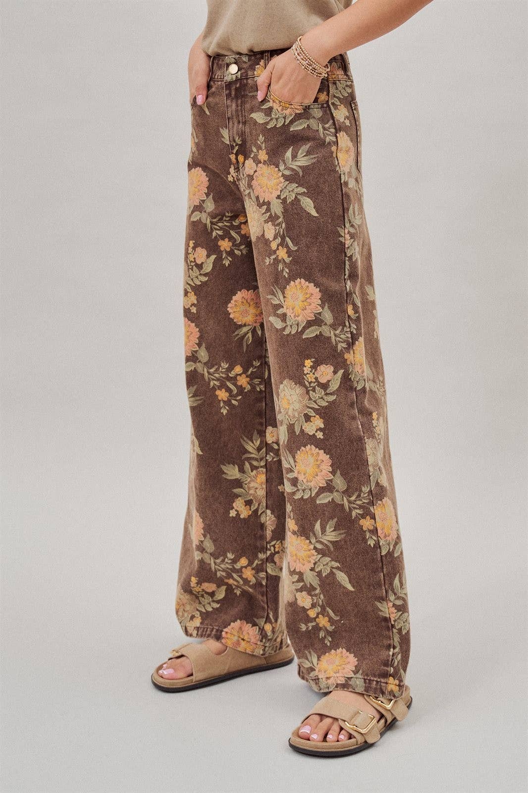 Fashion Week Brown Floral High-Rise Wide-Leg Jeans