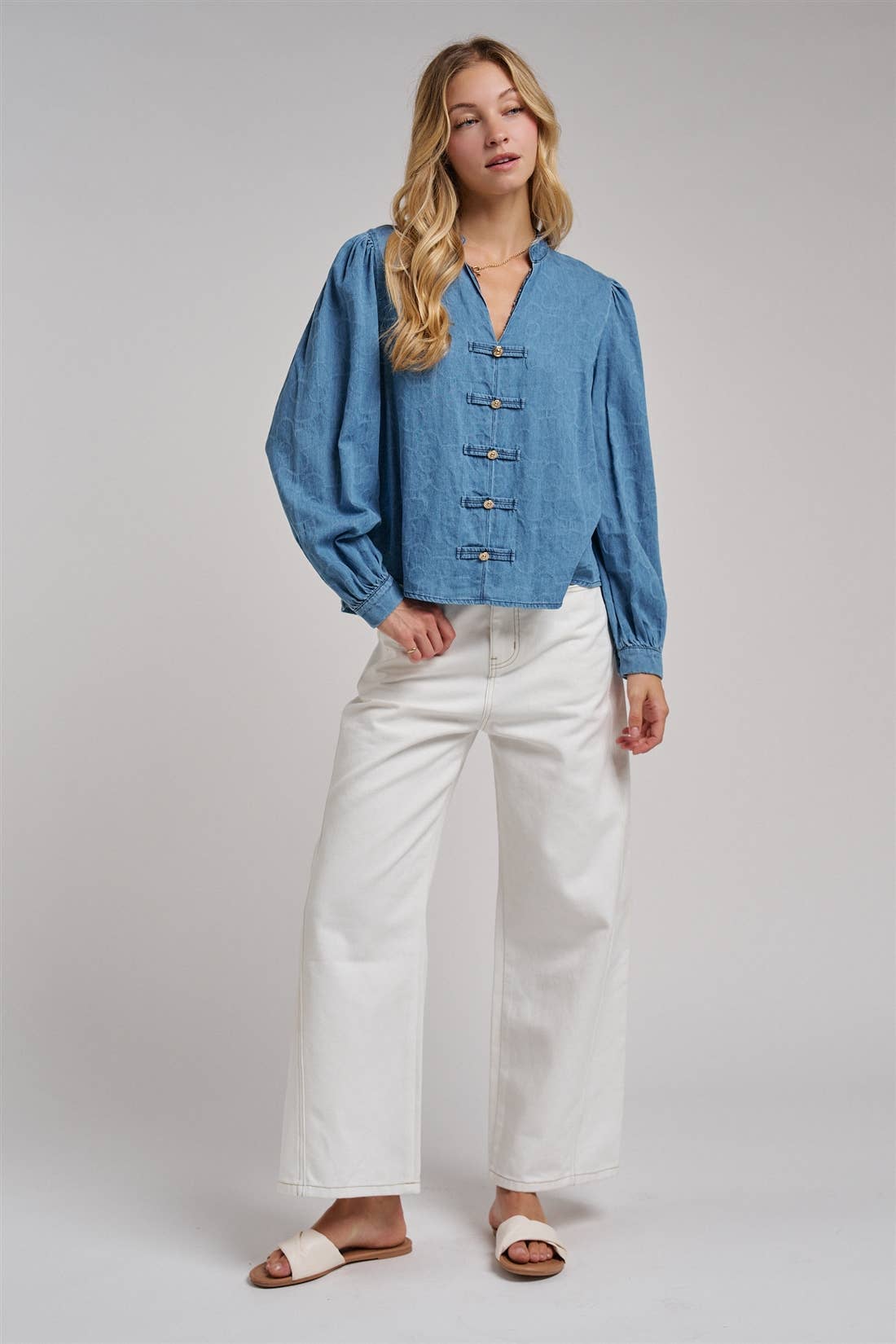VINTAGE FLORAL DENIM GOLD BUTTON BLOUSE