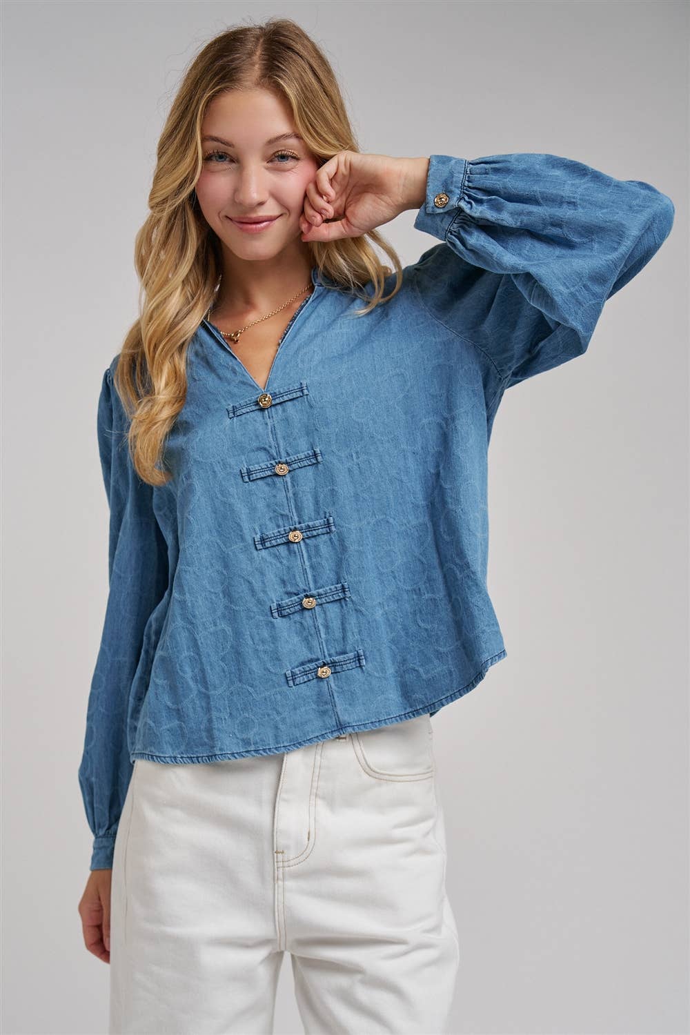 VINTAGE FLORAL DENIM GOLD BUTTON BLOUSE