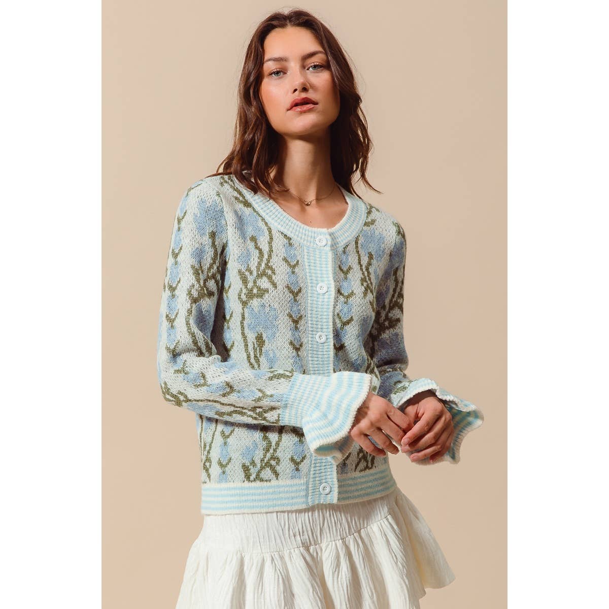 Floral Intarsia Button-Front Cardigan with Ruffled Cuffs