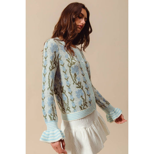 Floral Intarsia Button-Front Cardigan with Ruffled Cuffs