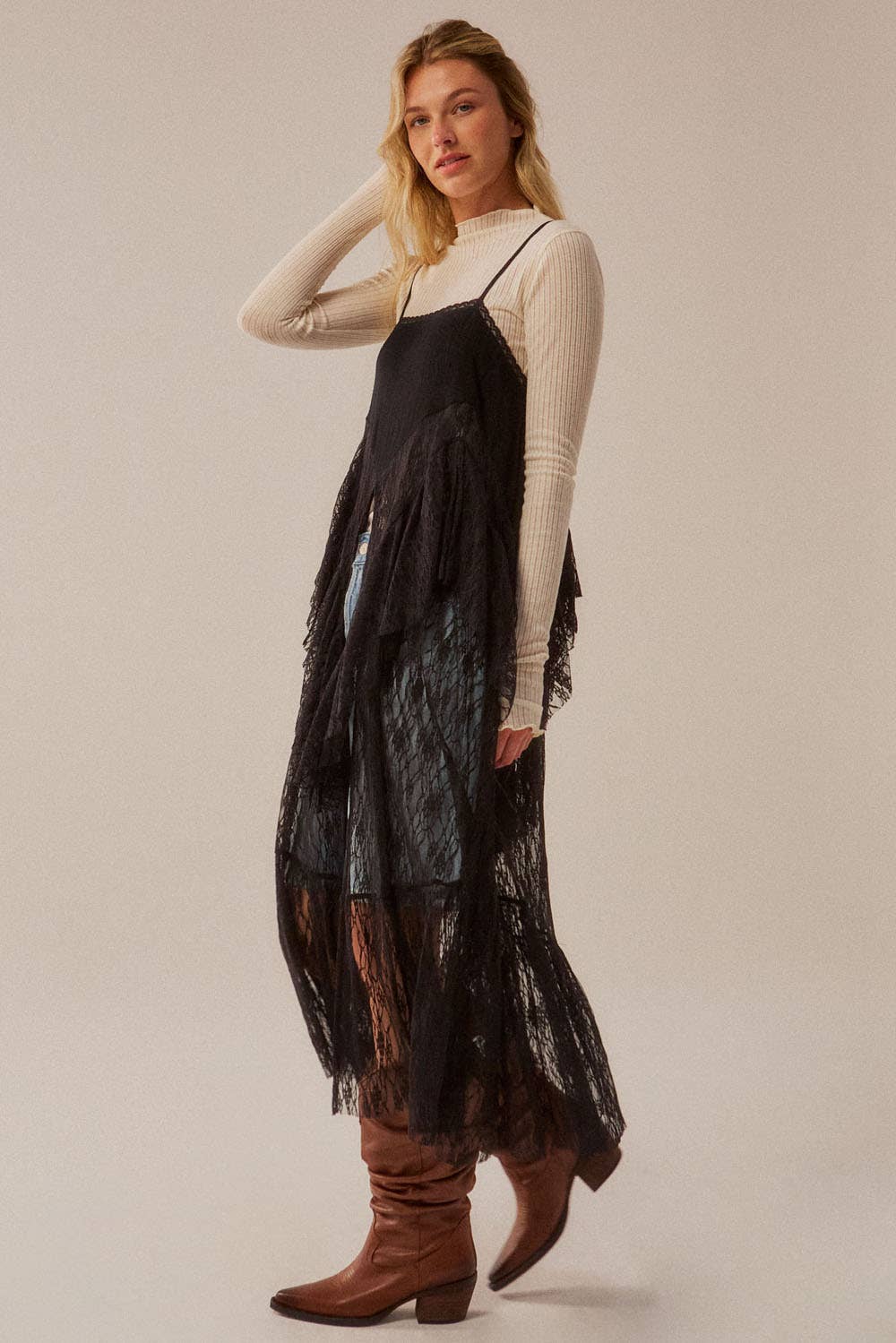Ruffled Lace Flyaway Maxi Cami Top: Cream / S