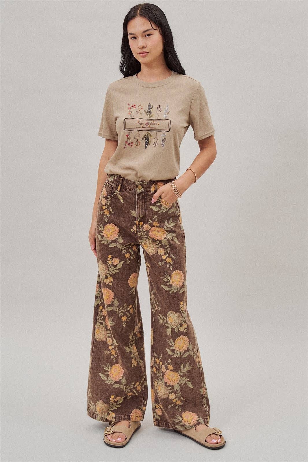 Fashion Week Brown Floral High-Rise Wide-Leg Jeans