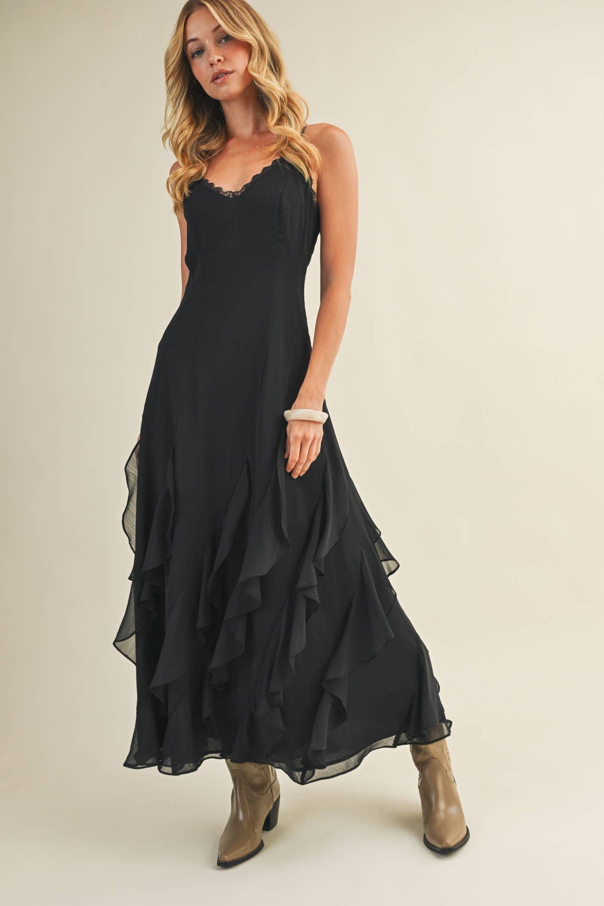 Mustard Seed - Lace V-Neck Cascading Ruffle Dress