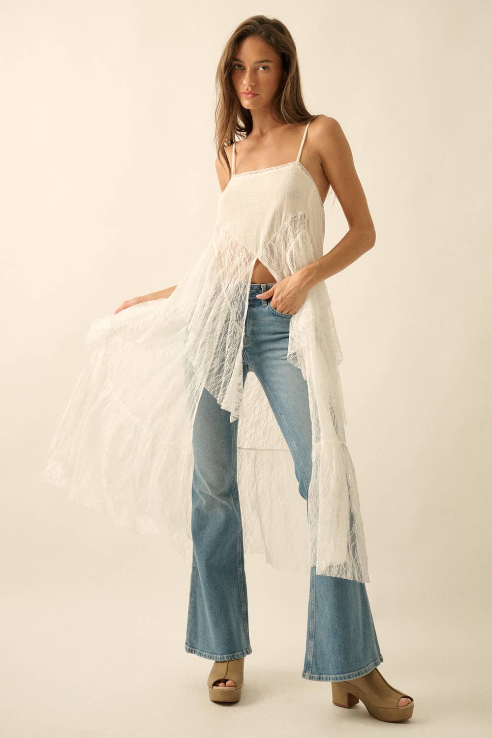Ruffled Lace Flyaway Maxi Cami Top: Cream / S