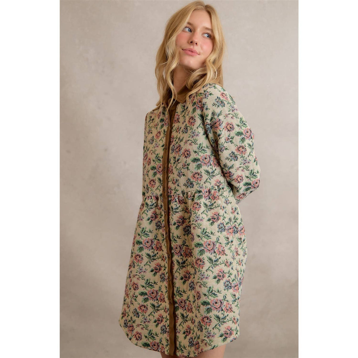 COTTON BLEND JACQUARED SHIRT MINI DRESS