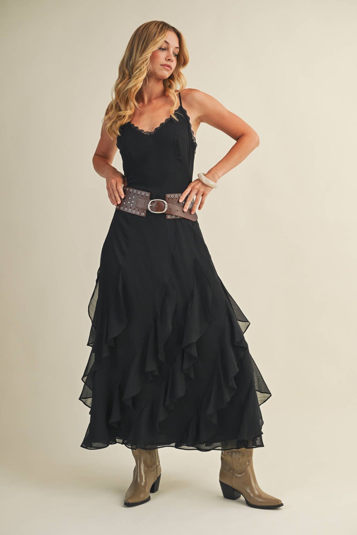 Mustard Seed - Lace V-Neck Cascading Ruffle Dress
