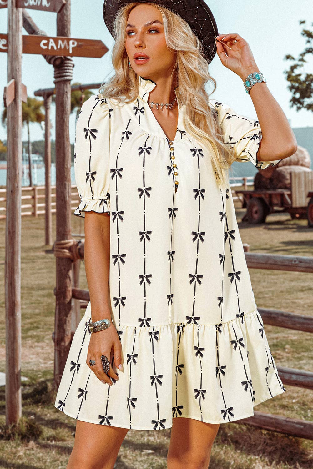 Cute Bowknot Bubble Sleeve V Neck Mini Dress