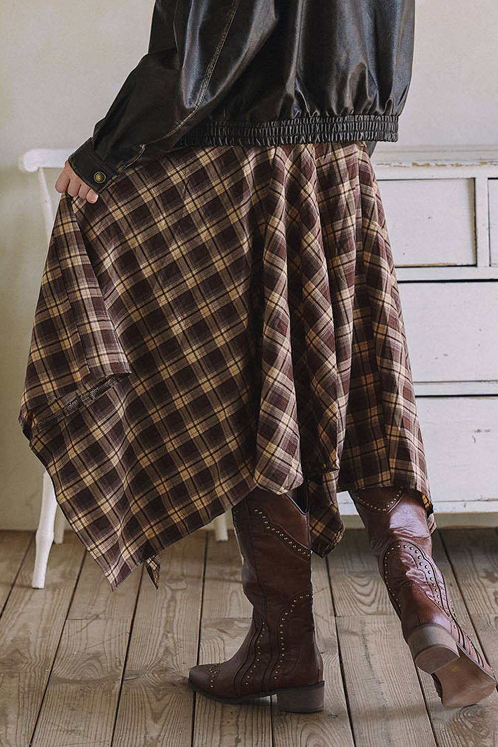 Asymmetrical Plaid Maxi Skirt