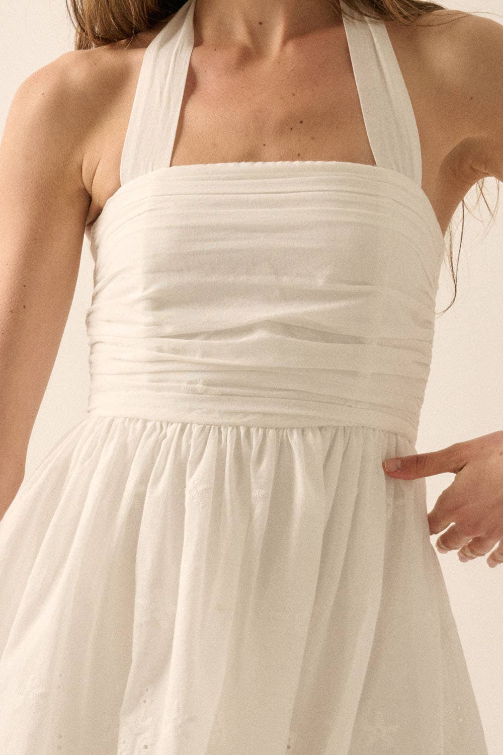 Eyelet Lace Halter High-Low Tiered Maxi Dress: Off White