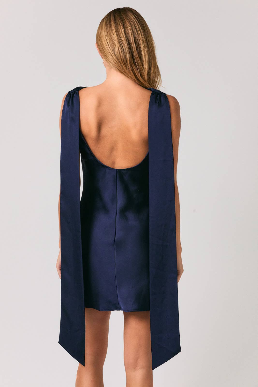COWL NECK BACK OPEN ATTACHED SCARF FITTED SATIN MINI DRESS: Black