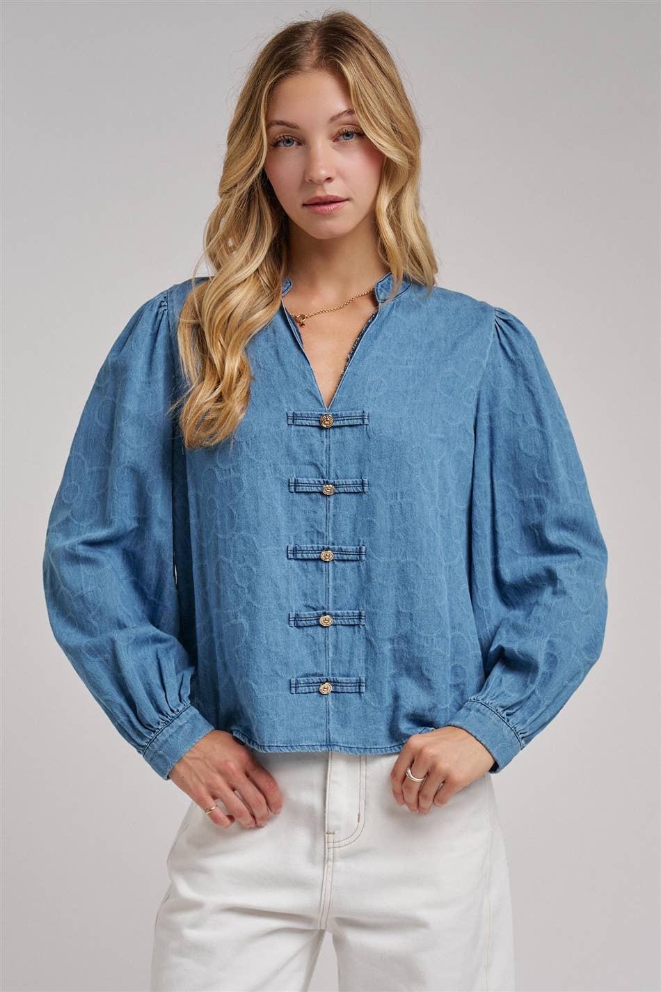 VINTAGE FLORAL DENIM GOLD BUTTON BLOUSE
