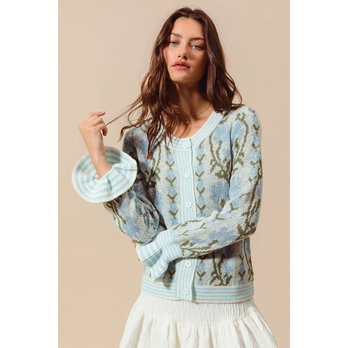 Floral Intarsia Button-Front Cardigan with Ruffled Cuffs