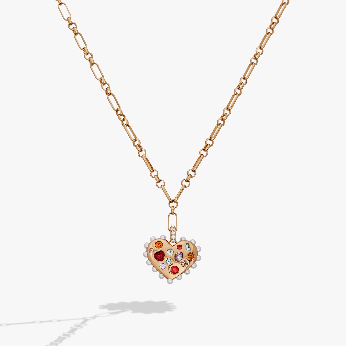 Puffy Heart Gemstone And Pearl Pendant Necklace